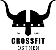 Black and white logo: Viking helmet with text "CROSSFIT OSTMEN," and "Est. 2023" below.