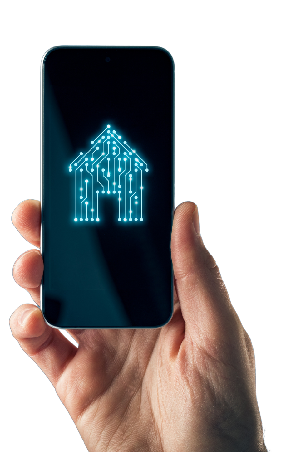 A hand is holding a cell phone with a house on the screen.