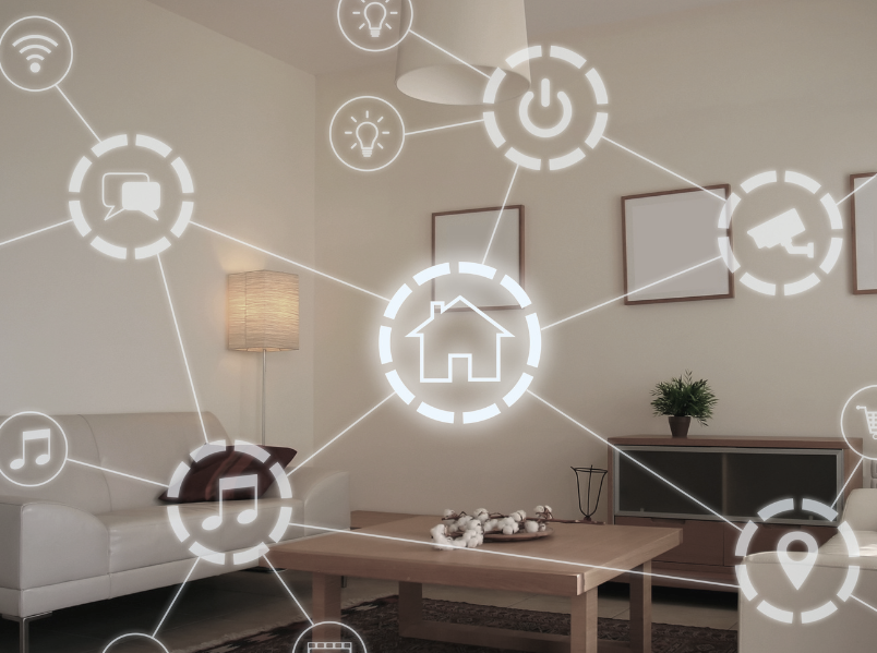 A living room with a couch and a table and a bunch of icons on the wall