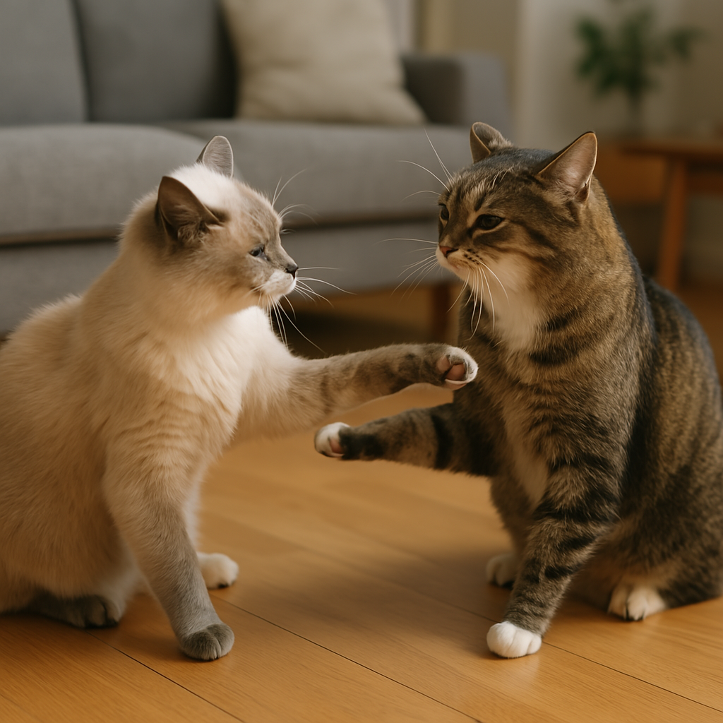 The image shows two adult domestic shorthair cats playfully interacting in a cozy, sunlit room.