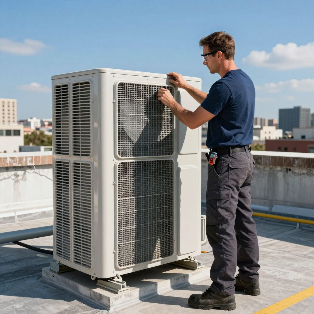HVAC technician on a rooftop, inspecting an air conditioning unit under a blue sky.