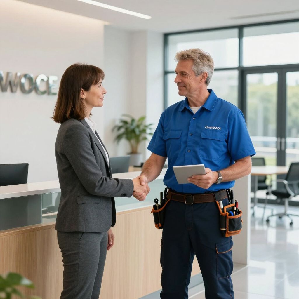 Woman in business suit shakes hands with a man in work uniform, holding a tablet. Indoors, by a reception desk.