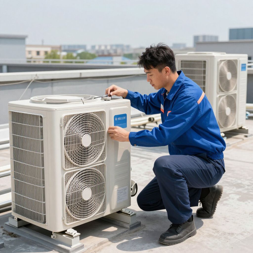 HVAC technician in blue overalls kneeling, inspecting outdoor air conditioning unit on a rooftop.