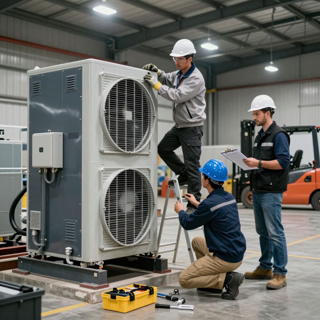 Three HVAC technicians inspecting large air conditioning unit inside a warehouse.