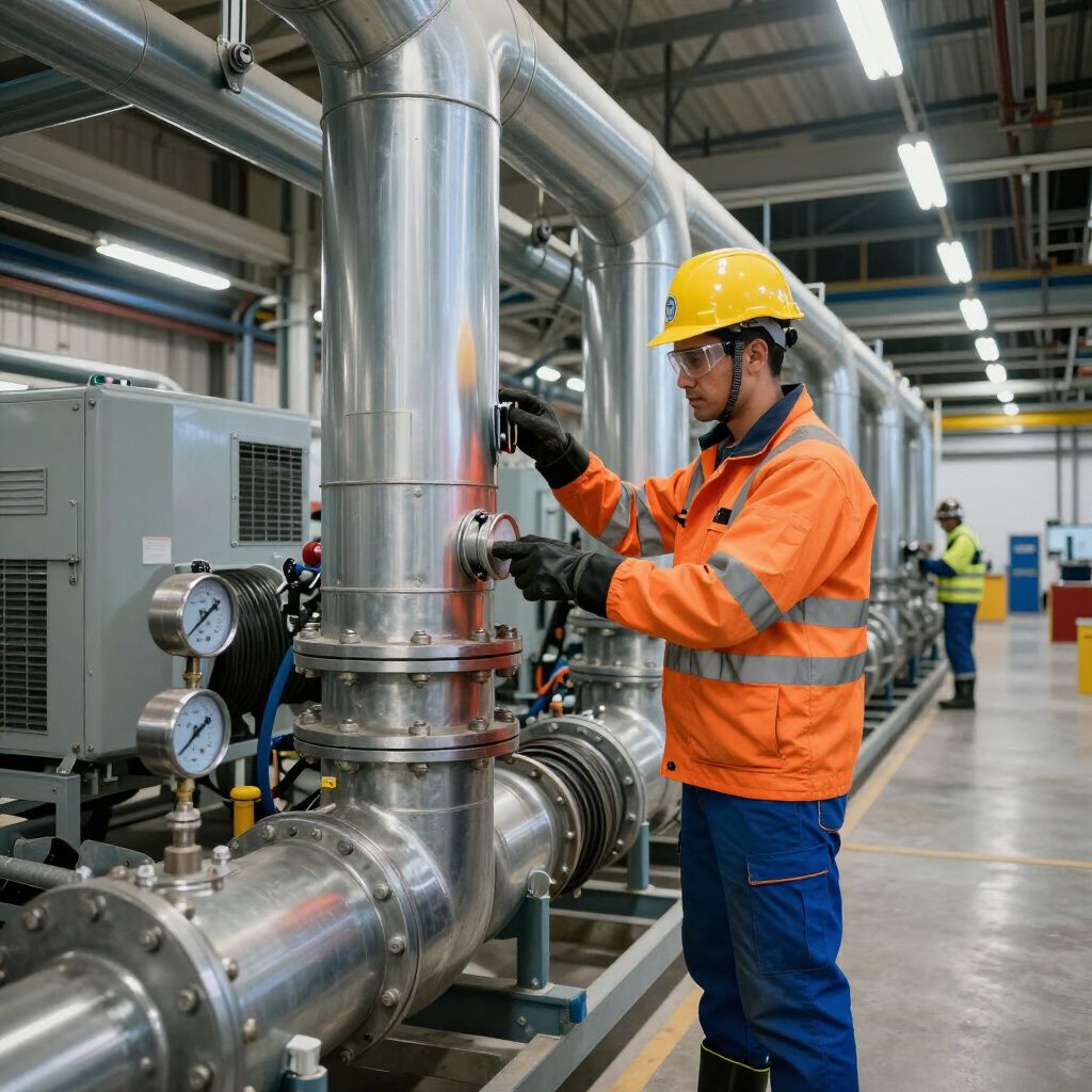 Man in safety gear adjusting pipes in industrial setting.