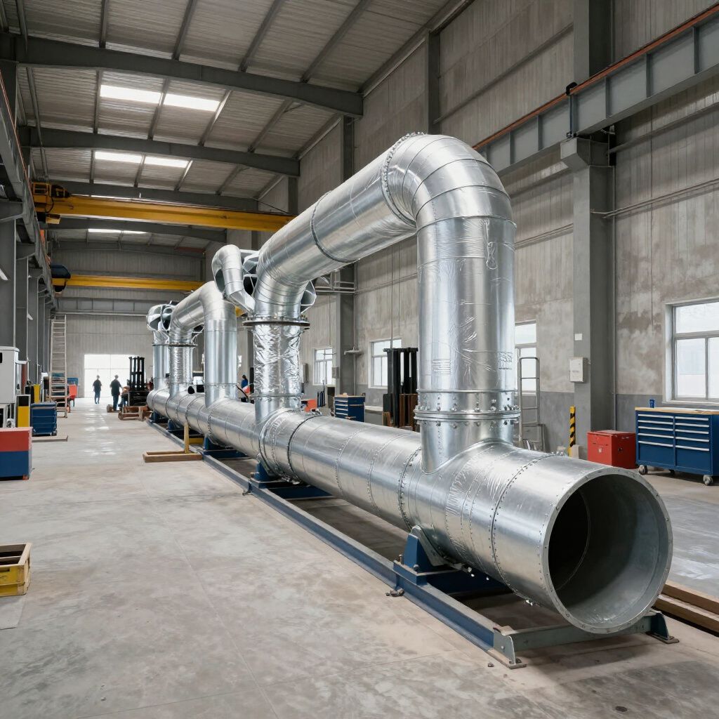 Large, insulated metal pipes in a factory setting.