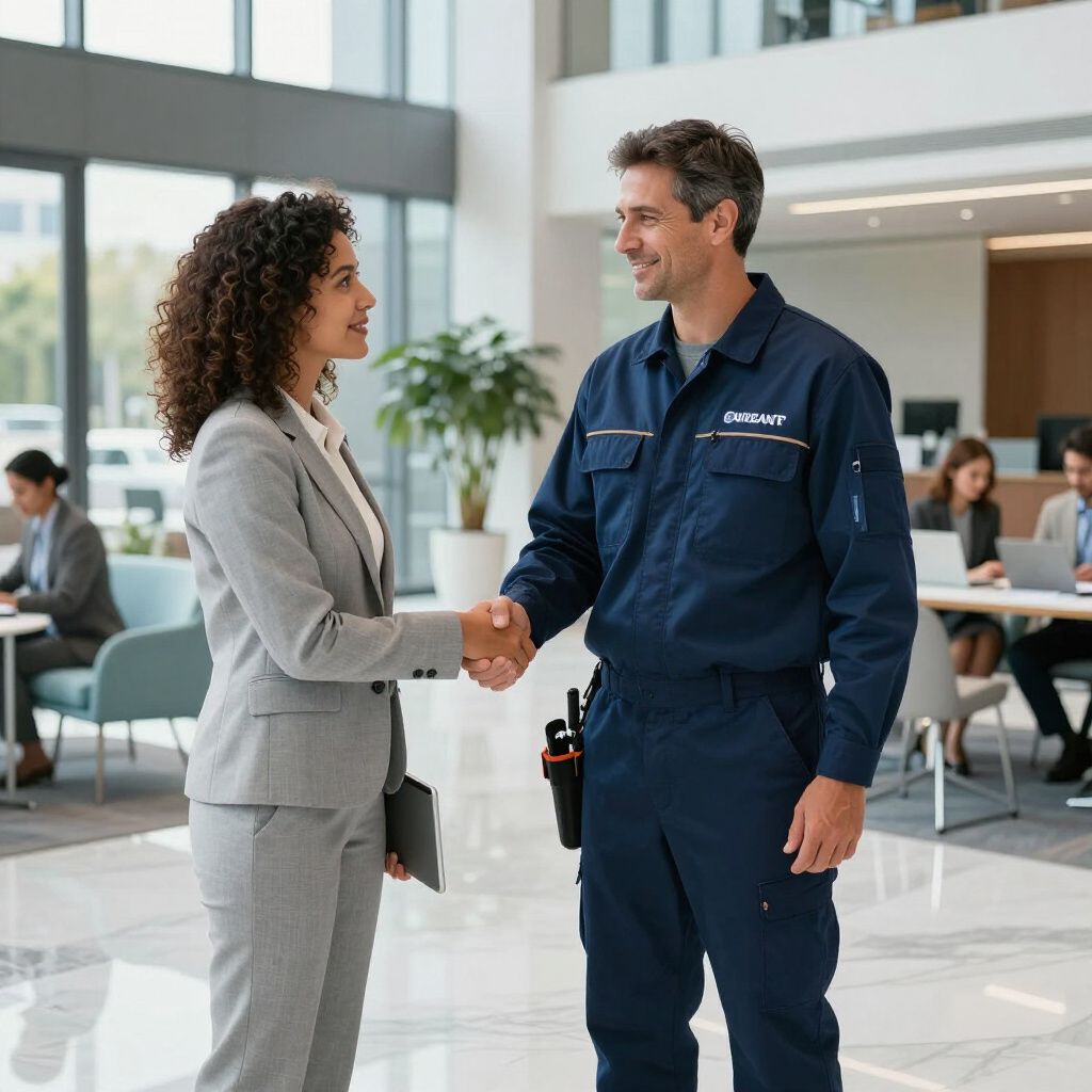 Woman in business suit shakes hands with person in blue work uniform, in a modern office lobby.