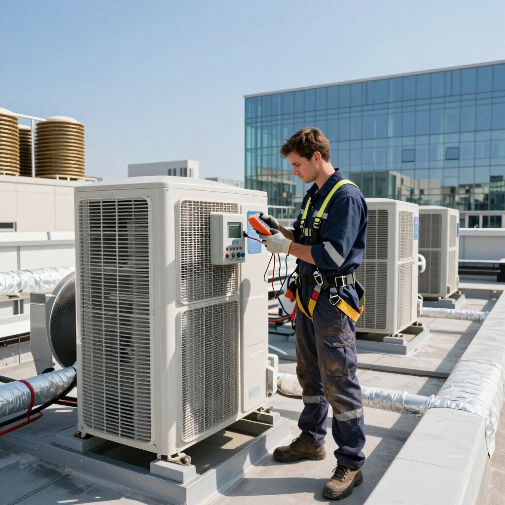 HVAC technician inspecting air conditioning unit on a rooftop. He wears a safety harness and work clothes.