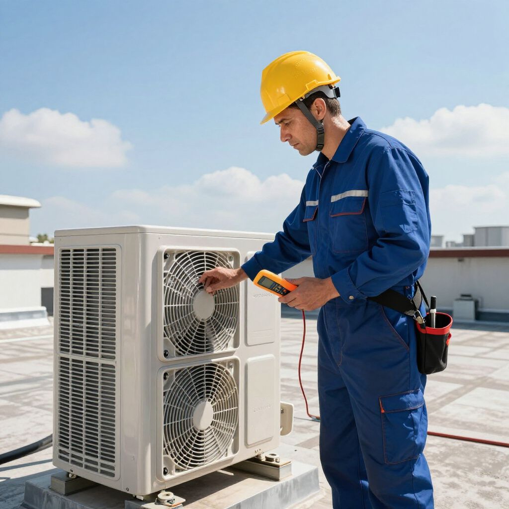 HVAC technician in blue overalls on a rooftop, checking an AC unit with a multimeter. Yellow hard hat. Sunny sky.