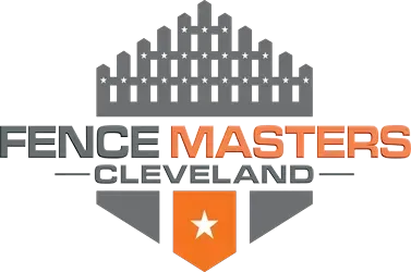 Logo for Fence Masters Cleveland: gray and orange shield with fence design above text and a star.