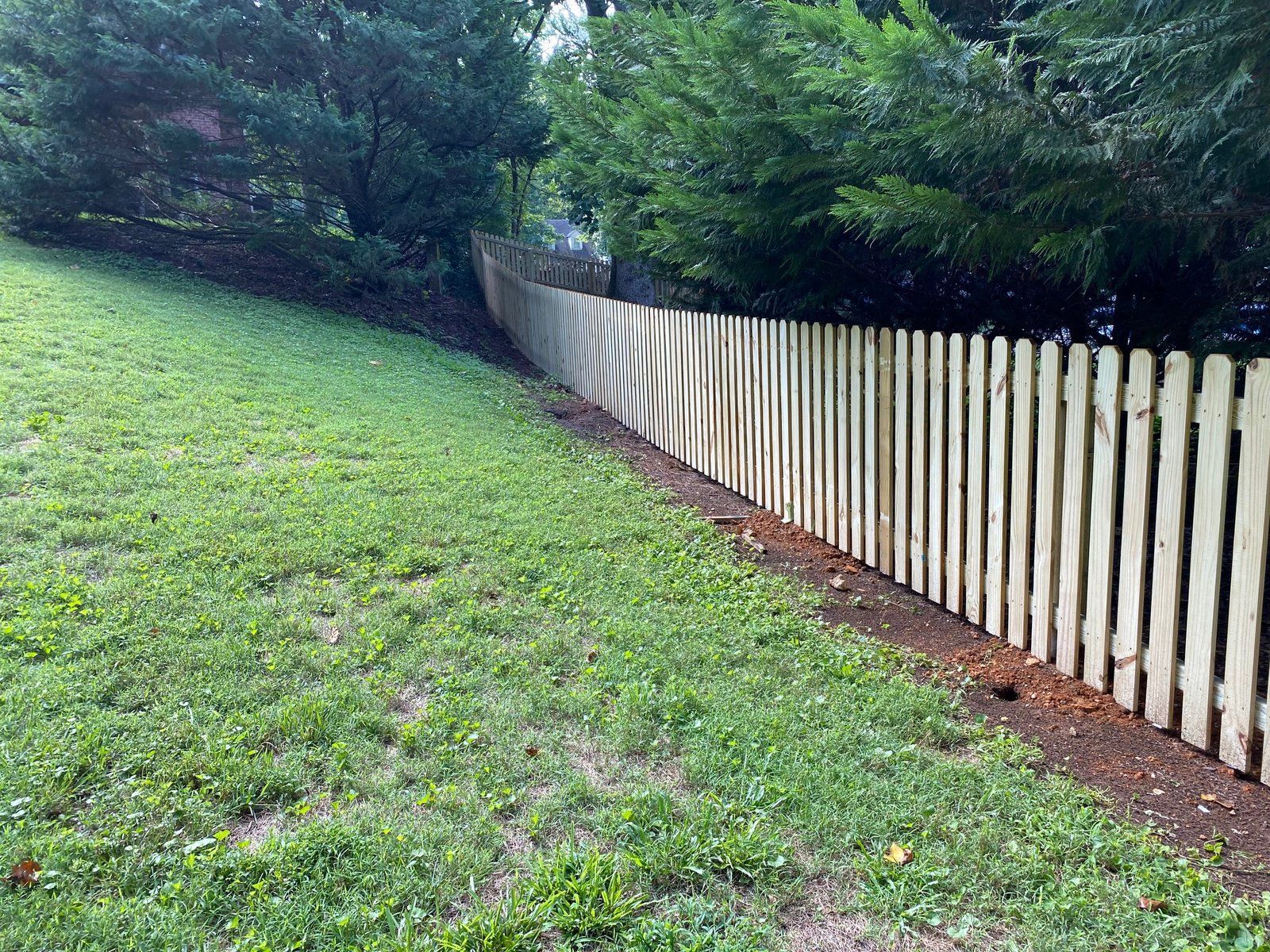 Wooden picket fence bordering a grassy yard, partially shaded by trees.