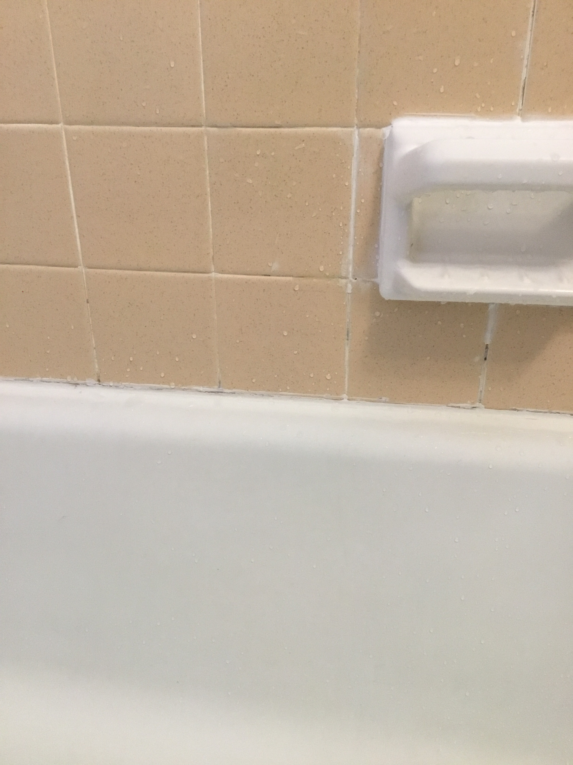 Tan tiled bathroom wall and white bathtub, with a soap dish.