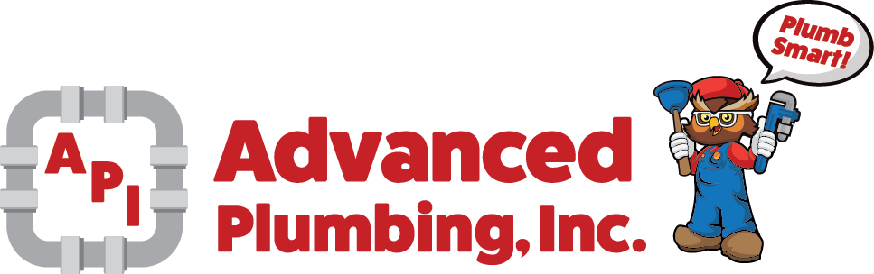 Logo for Advanced Plumbing, Inc. featuring a pipe border, red text, and a mascot with a 
