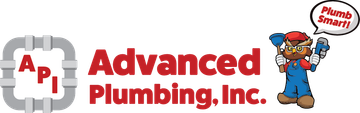 Logo for Advanced Plumbing, Inc. featuring a pipe border, red text, and a mascot with a