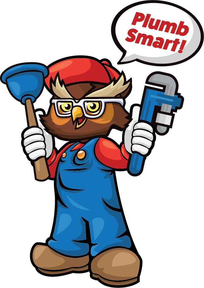 Cartoon owl in a red hat and blue overalls holding a plunger and wrench with a speech bubble that says,