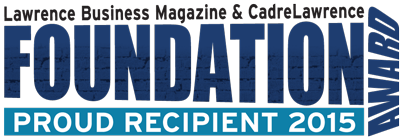 Lawrence Business Magazine Foundation Award. Blue and white text on a teal background. 