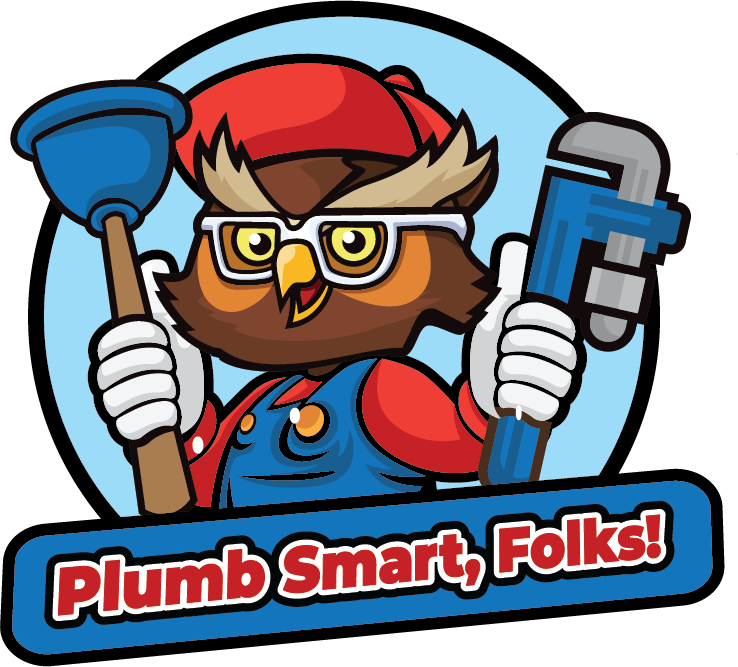 An owl mascot wearing a red hat and blue overalls holds a plunger and a pipe wrench with a 