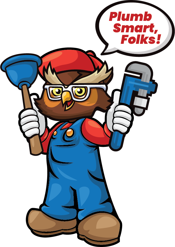 Cartoon owl in a red hat and blue overalls holding a plunger and wrench with a speech bubble that says,