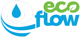 A logo featuring a blue water drop inside a circular wave, with the green word