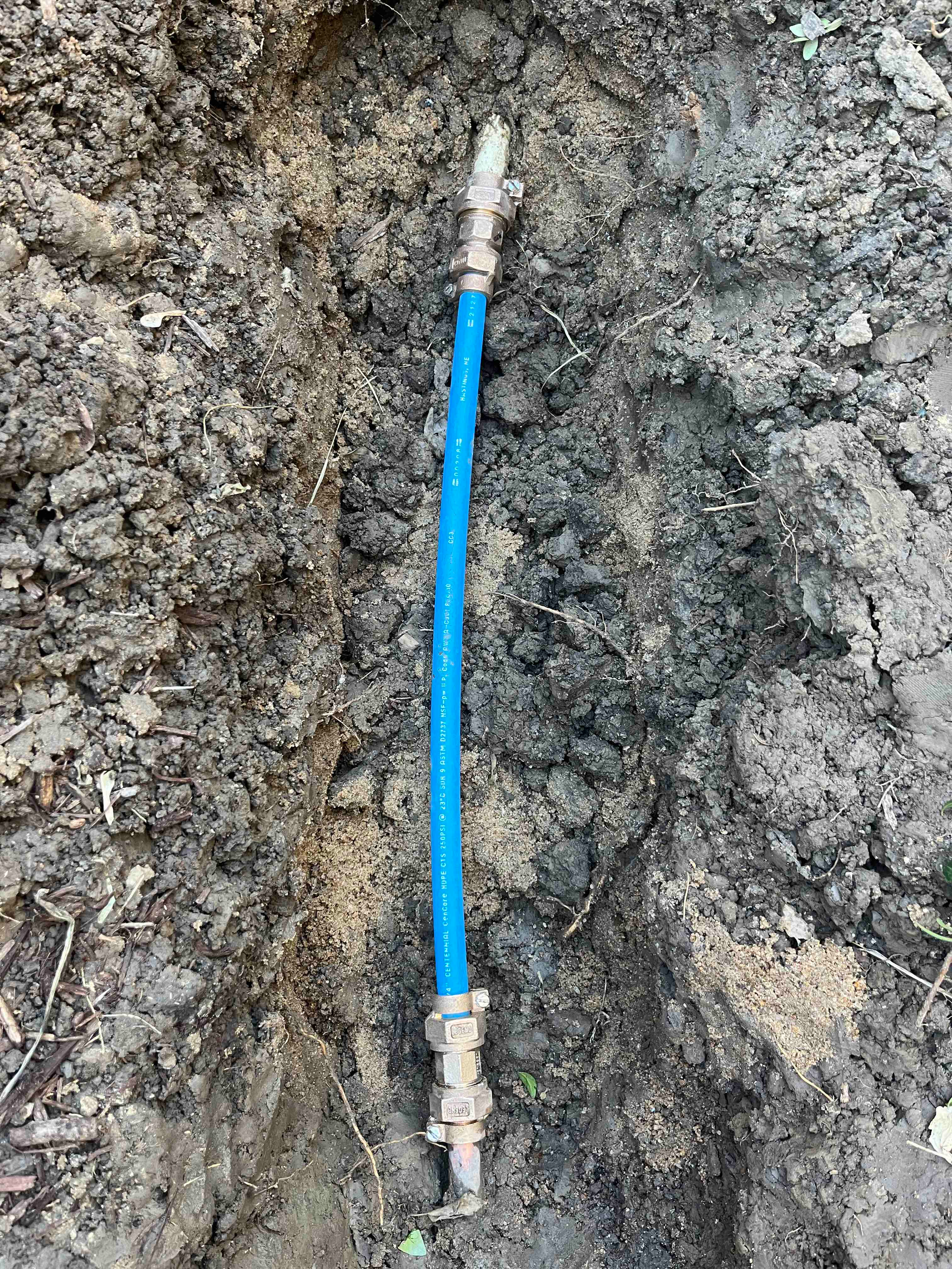 Blue gas line in a trench, with brass fittings at each end.