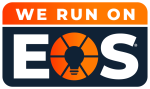 A logo for we run on eos with a light bulb in the middle.