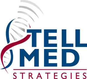 A logo for tell med strategies shows a dna strand