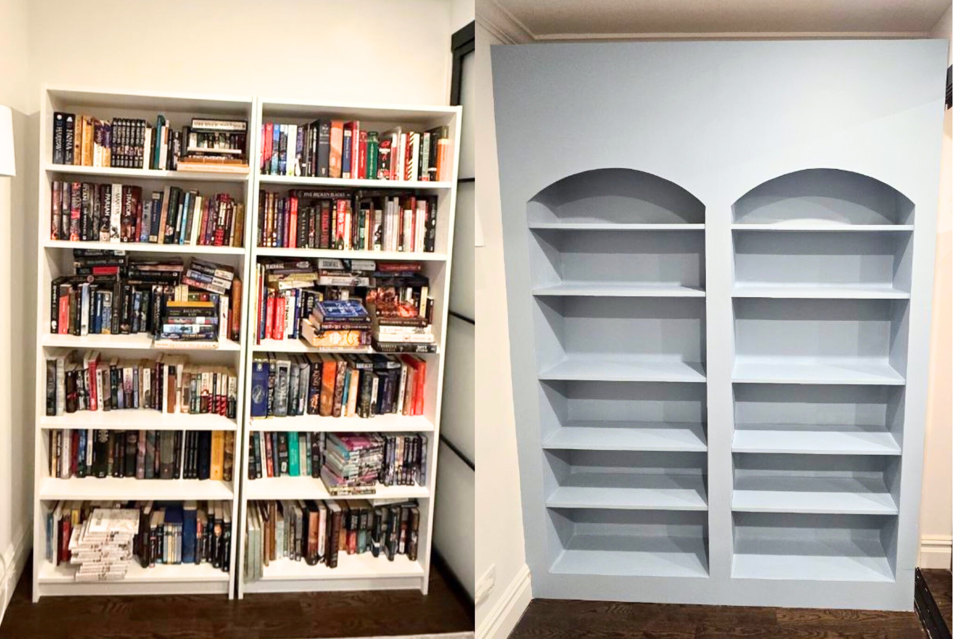 Custom built-in white shelving filled with books and decor – modern living room storage design by Fixer Groups NYC