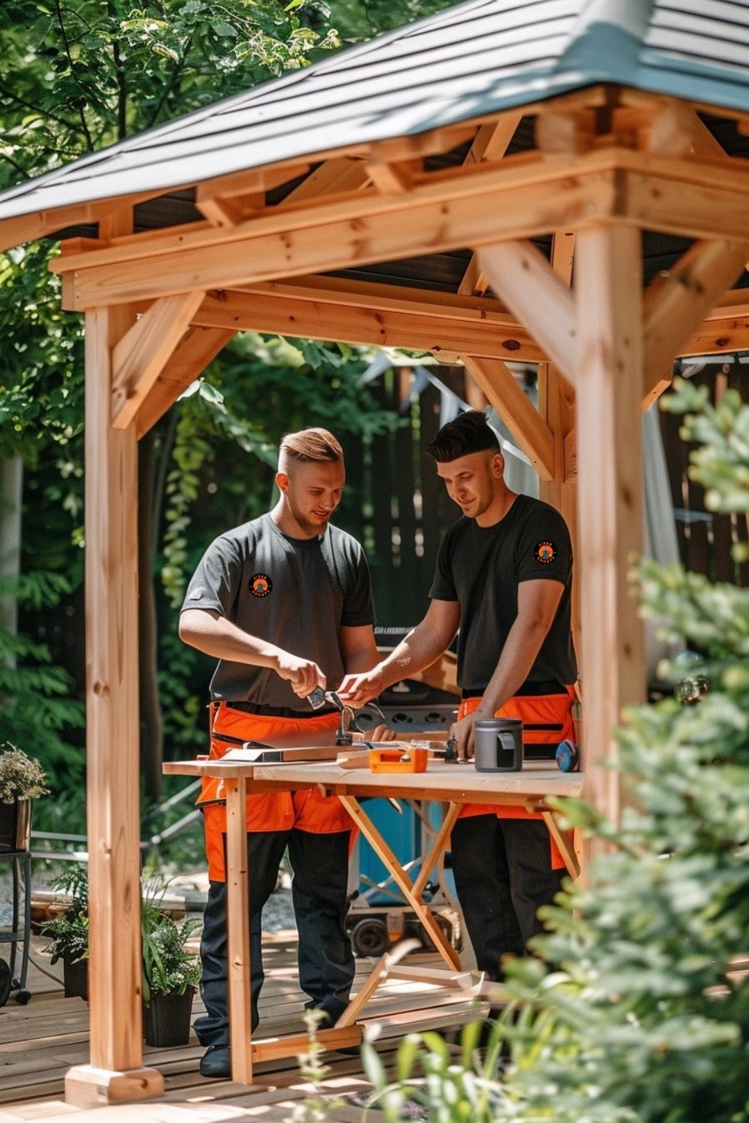 Two men are working on a wooden gazebo.