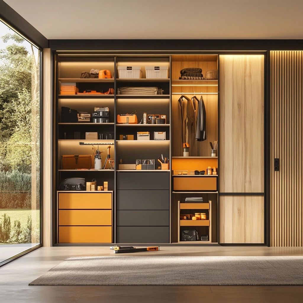 A large closet with lots of shelves and drawers