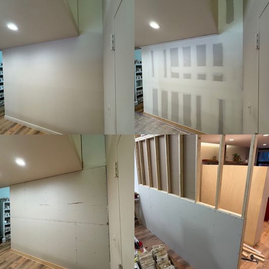 Commercial salon renovation with new partition wall separating office and manicure areas