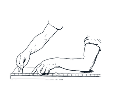 A black and white drawing of a person measuring their arm with a ruler.