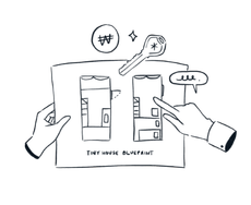 A black and white drawing of a person holding a tiny house blueprint.
