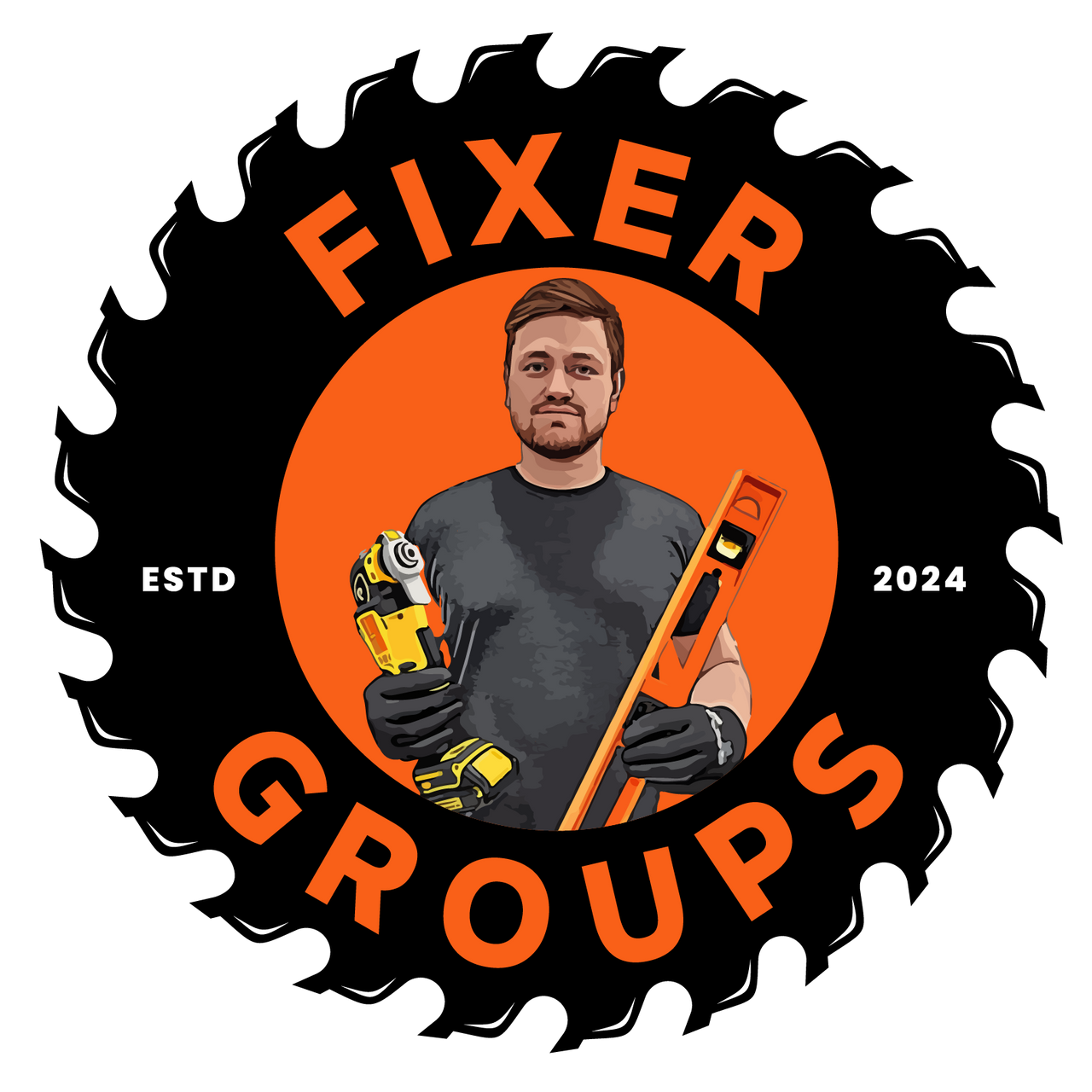 The logo for fixer groups shows a man holding a level and a grinder.