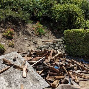 Pile of wood debris in front of a retaining wall and green shrubbery.