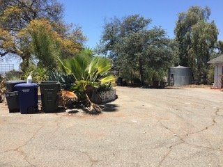 Asphalt driveway with trash cans, plants, and trees under a clear blue sky. A metal water tank is visible.