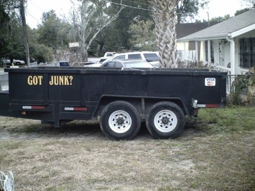 A dumpster that says got junk on it