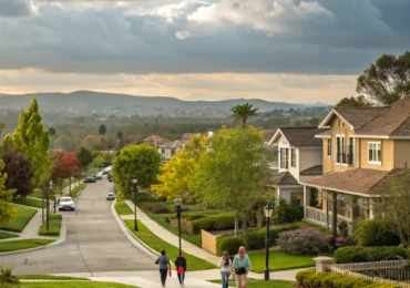 Residential street with houses, trees, and people walking on sidewalk, with hills in the background under a cloudy sky.