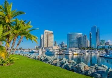 San Diego skyline with palm trees, waterfront, boats, and clear blue sky.