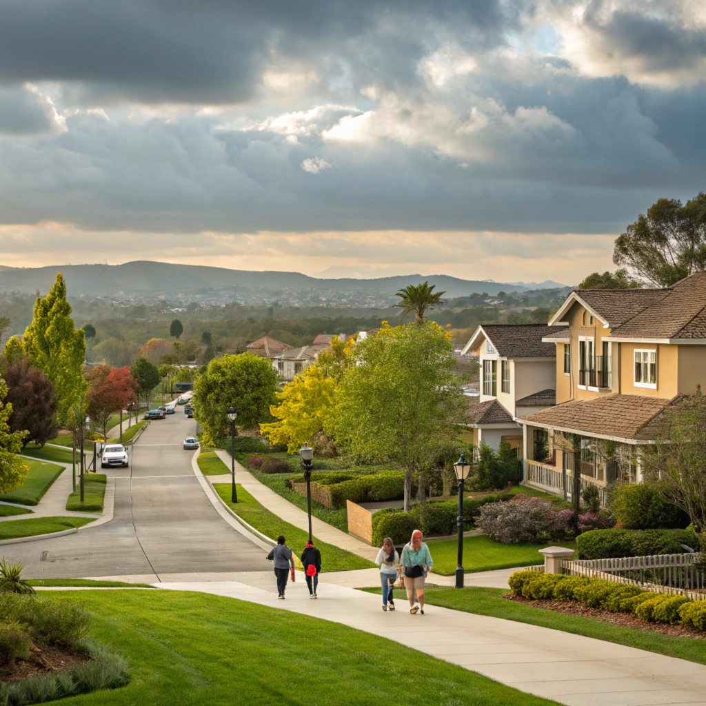 Suburban street with houses, trees, and people walking on a sidewalk under a cloudy sky.