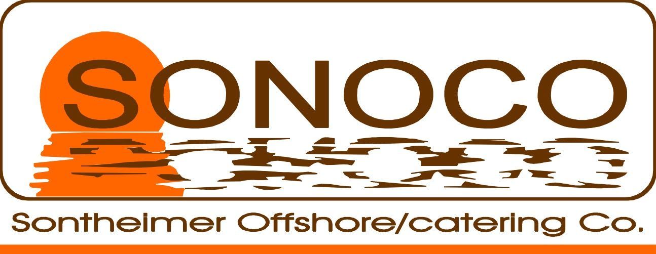 The sonoco shore logo is orange and brown and says sontheimer offshore / catering co.