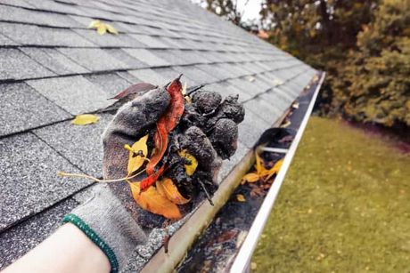 POV of a gloved hand, holding leaves and dirt pulled from a gutter. Behind the hand is a rain gutter of a home, jammed with debris of dirt and Autumn leaves.
