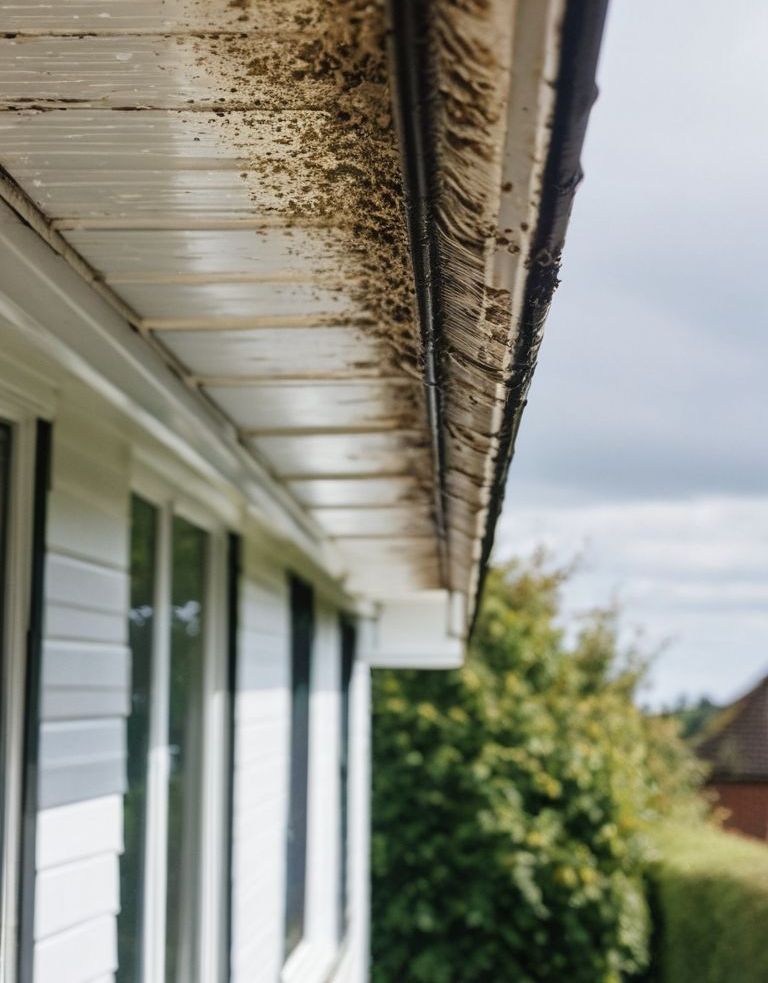 A close up of a gutter on the side of a house.