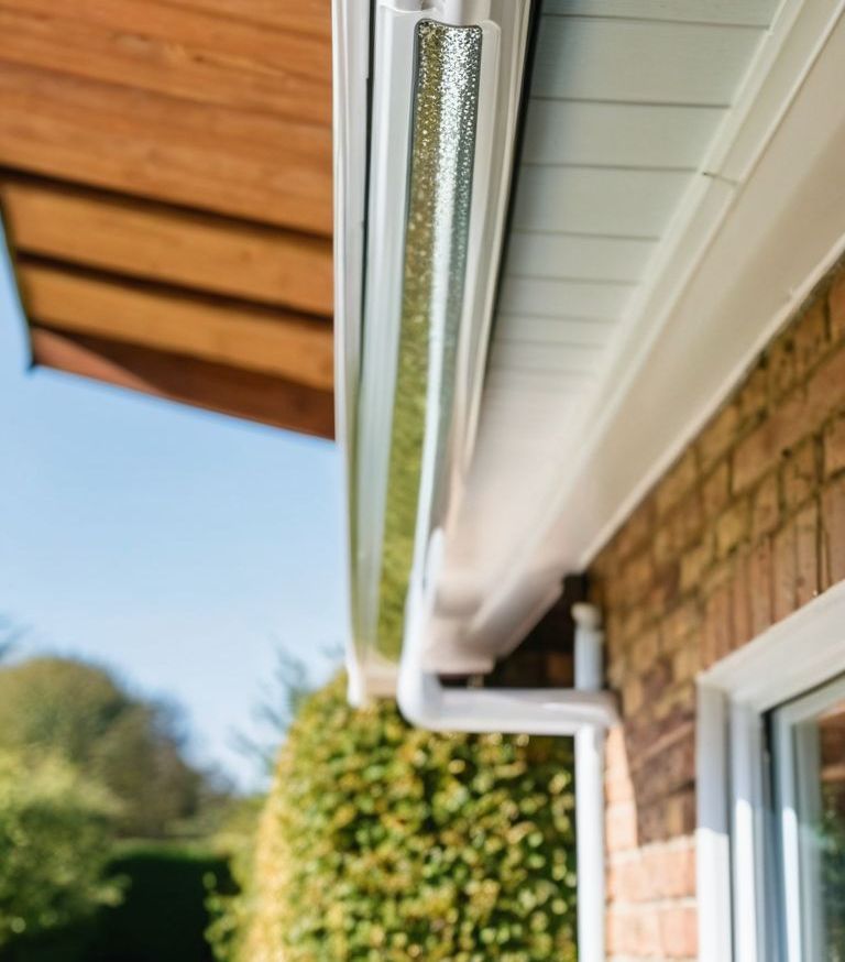 A close up of a gutter on the side of a house.