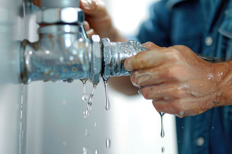 Hands tightening a metal pipe fitting with water dripping from the connection