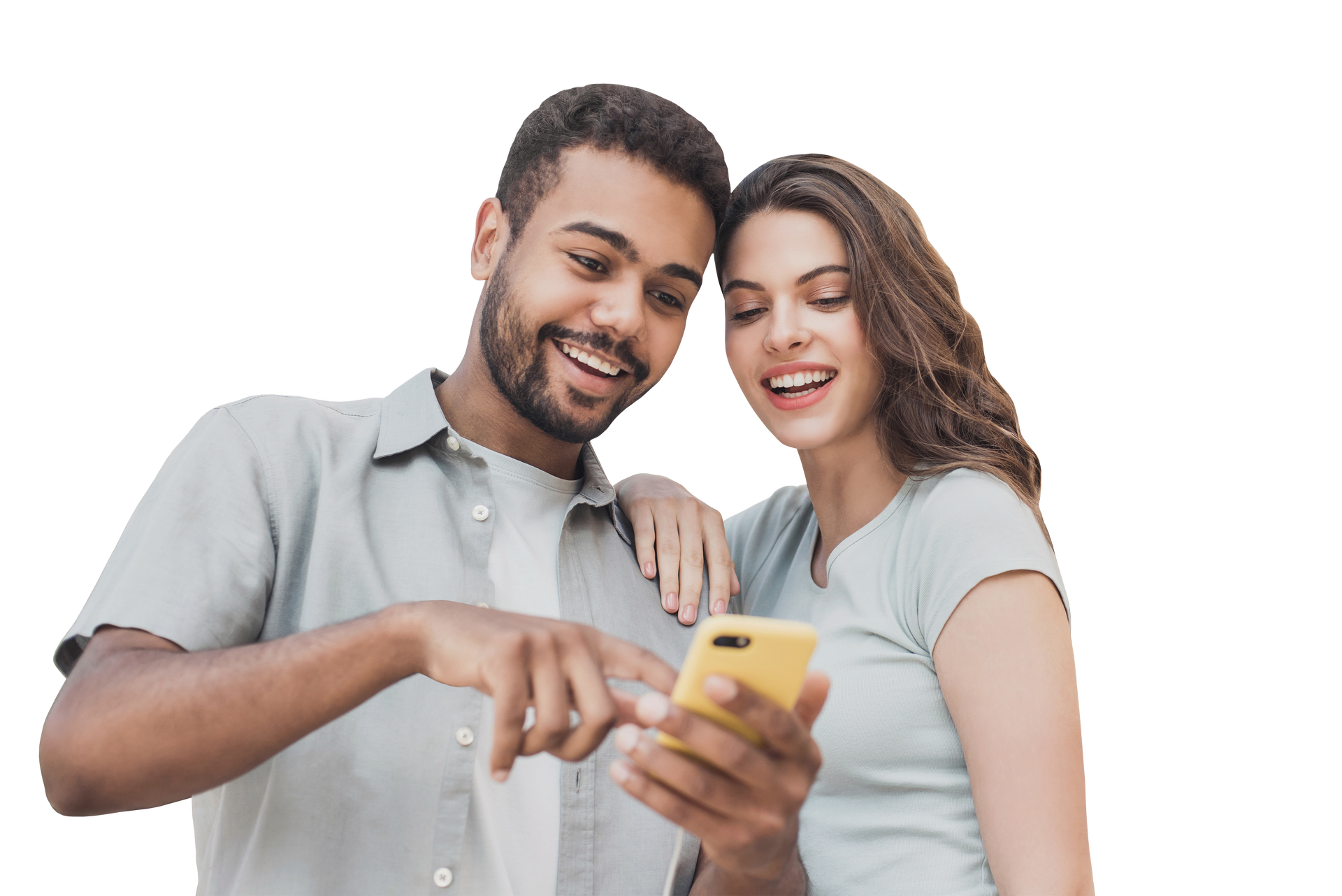 Man and woman looking at a phone, smiling and pointing.