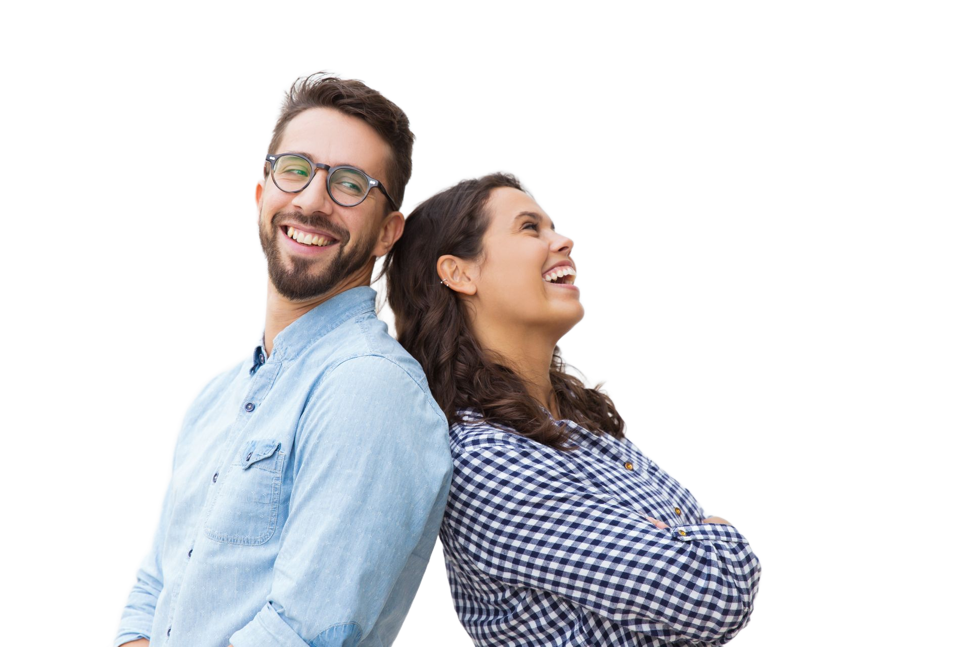 Man with glasses and woman laughing, standing back-to-back against white background.