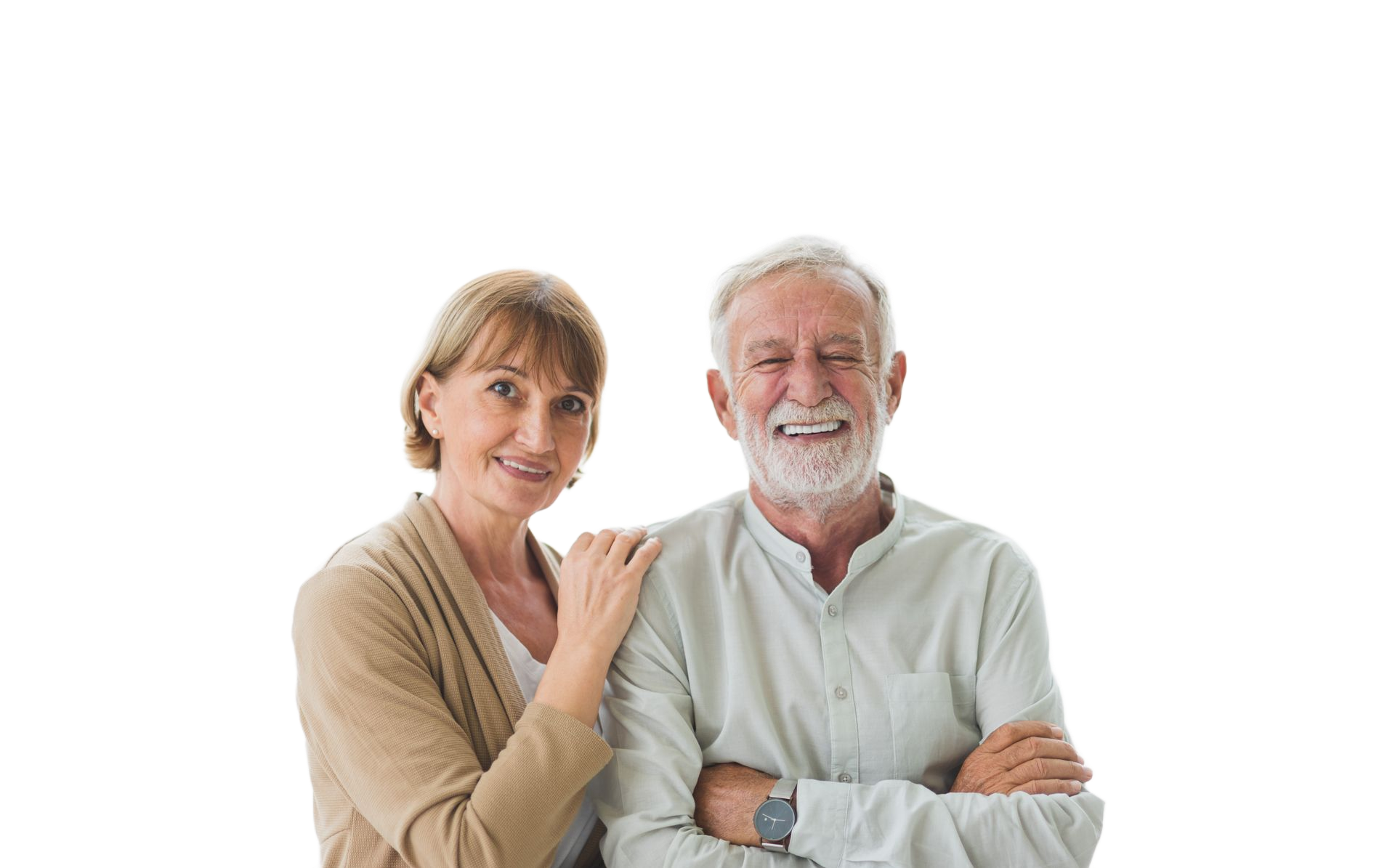 Smiling elderly couple posing together, woman's arm around man's shoulders against white background.