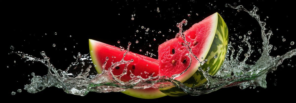 Two slices of watermelon are splashing in water on a black background.