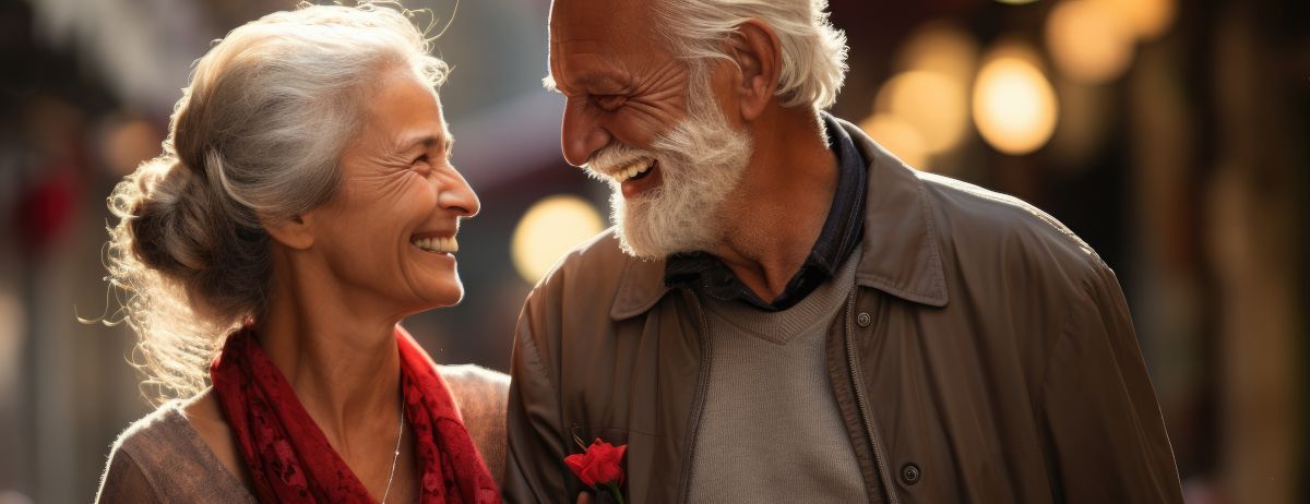 A man and a woman are looking at each other and smiling.