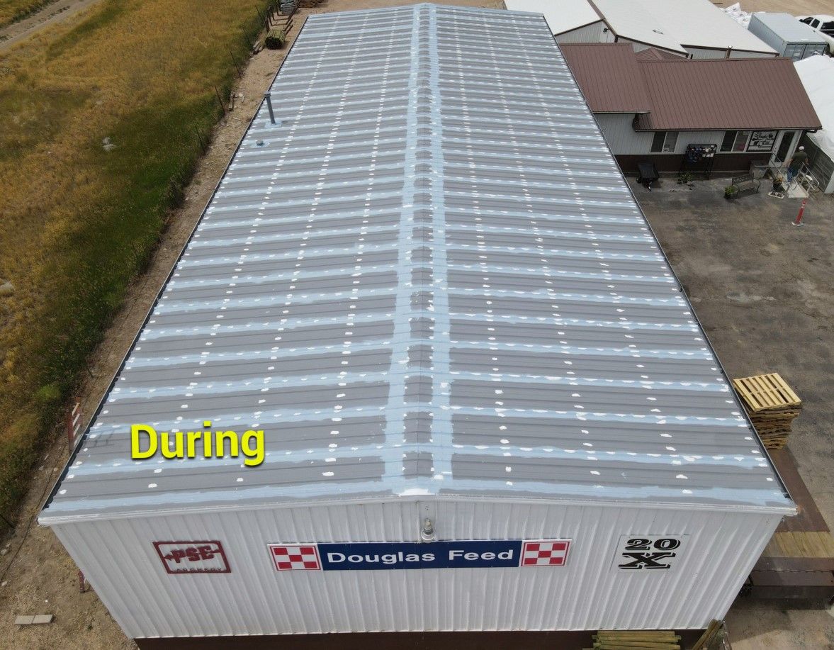 An aerial view of a building with the word during on it